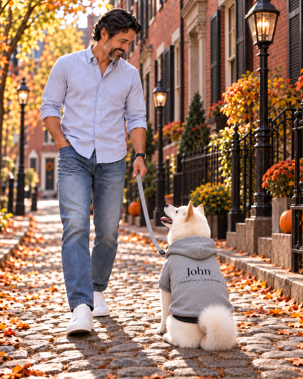 秋のボストン・ビーコンヒルで名入れパーカーを着ておすわりする白柴JOHN